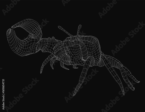 A 3D wireframe model of a hermit crab stands out against a black background, showcasing intricate details of its shell and claws. The realistic rendering highlights the creature's segmented body.