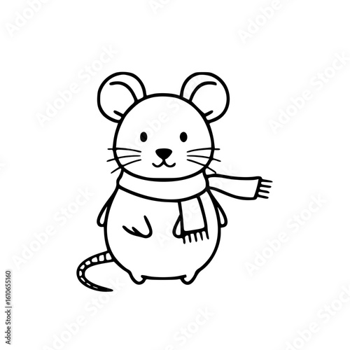 Minimalist black and white doodle icon of a mouse wearing scarf for cute themes