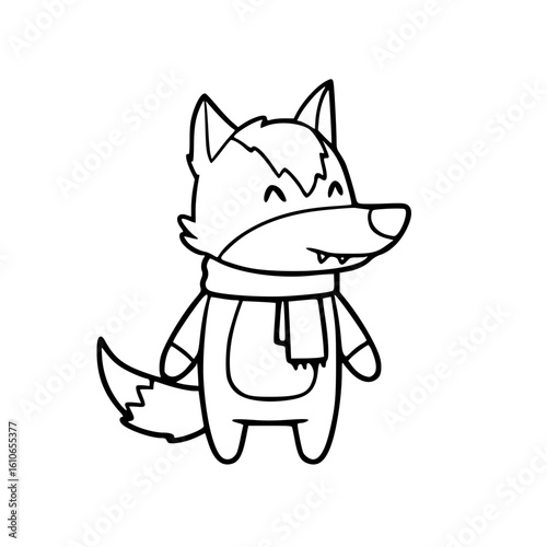 Simple black and white cartoon fox wearing scarf in minimalist doodle illustration