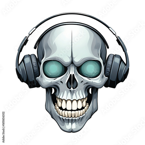 Human skull wearing oversized headphones graphic design