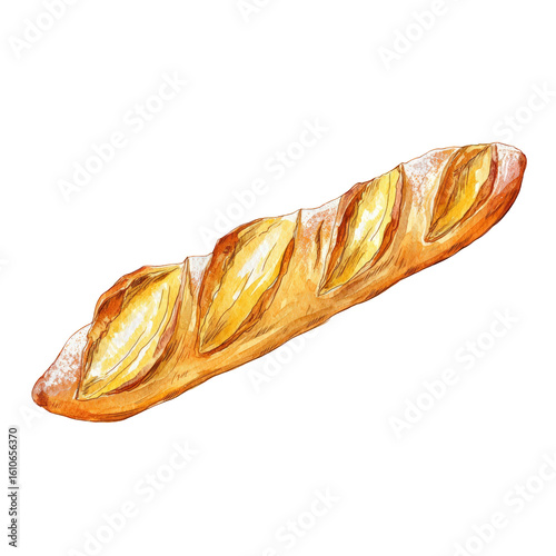 Delicious fresh baguette watercolor illustration with golden crust and powdered sugar on transparent background