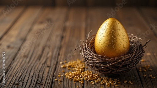 Banner Of Golden Nest Egg On Rustic Wooden Table Background - Investment Concept