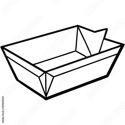 Simple line drawing of an empty rectangular paper boat or tray with folded sides isolated on a white background