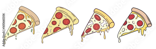 Pizza Slices Illustration: A collection of mouthwatering pizza slices, each showcasing a different array of delicious toppings, oozing with melted cheese, perfect for food and cuisine themes.