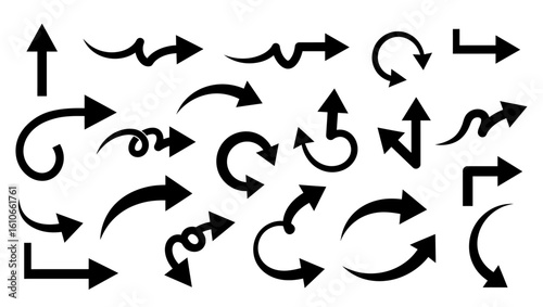 A collection of various black arrow silhouettes vector.