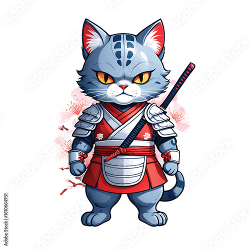 Fierce anthropomorphic cat warrior in samurai armor