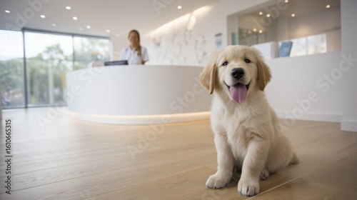 Golden retriever puppy welcomes visitors at modern veterinary clinic indoor setting friendly ambiance