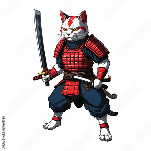 Fierce anthropomorphic cat warrior in samurai armor