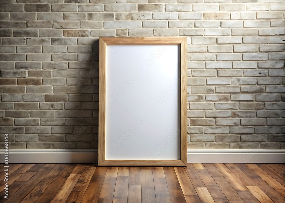 Empty wooden framed mirror leaning against a textured brick wall
