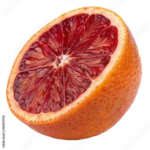 A vibrant half of a fresh, ripe blood orange fruit, showcasing its deep red flesh, isolated on a white background.