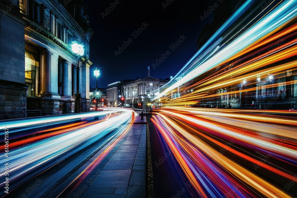 Obraz premium Spectacular time lapse of Trafalgar Square showcasing vibrant light trails at night, A spectacular time lapse of Trafalgar Square with traffic light trails in London, England, UK