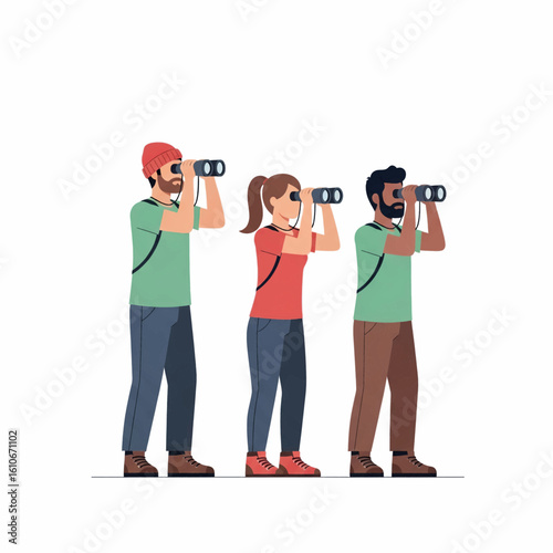 Three people using binoculars, likely birdwatching or exploring a natural environment.
