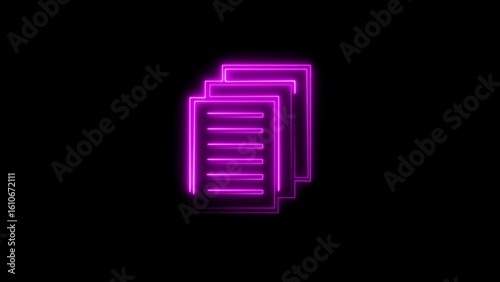 Glowing neon document icon in pink illustrating documents files and papers on black background