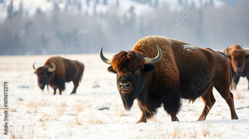Aurochs bison in nature / winter season, bison in a snowy field, a large bull bufalo