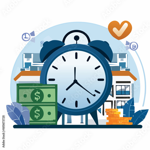Time is money in real estate investing. Vector illustration of an alarm clock with cash and buildings for mortgage and finance concepts.