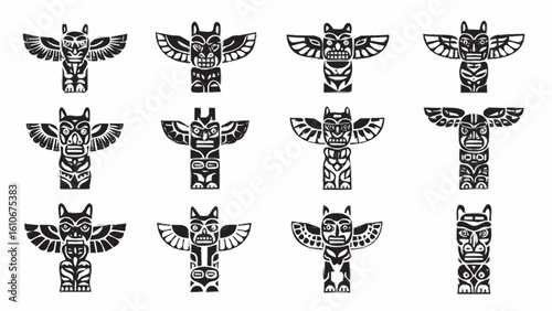 A collection of twelve black and white Native American totem pole vector icons.