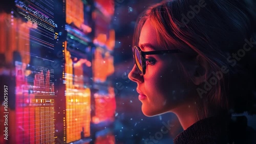 Wallpaper Mural Young Woman Analyzing Data on Digital Screen with Colorful Graphics and Charts Torontodigital.ca