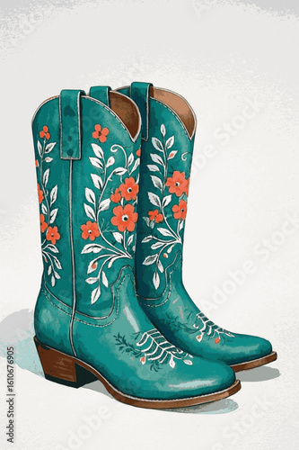 Prairie Dapple Blue floral cowboy boots isolated watercolor vector illustration svg