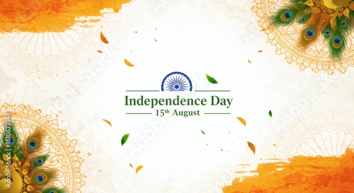 Artistic watercolor illustration for India Independence Day, featuring patriotic tricolor splashes and elegant peacock feather mandalas.