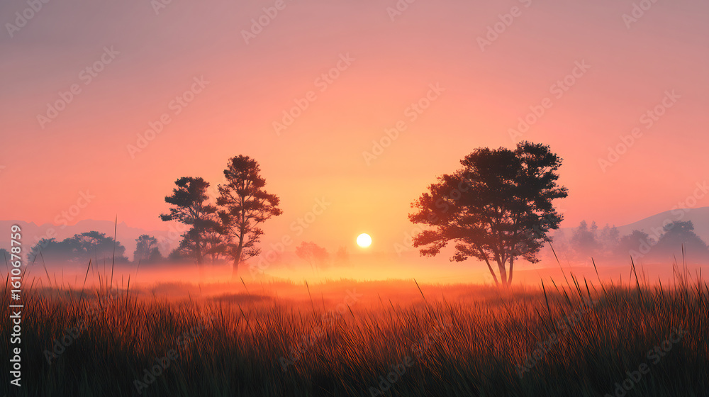 Fototapeta premium peaceful sunrise over foggy grass fields with scattered trees