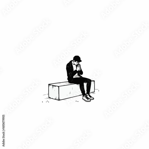 Contemplative Figure on Concrete Block – Black and White Minimalist Illustration