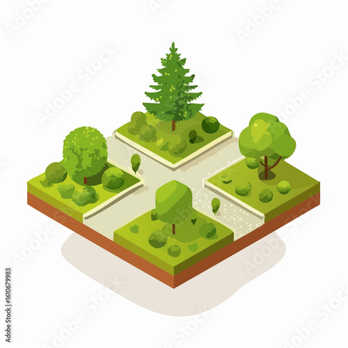 An Isometric Illustration of a Lush Green Park with Diverse Trees and Bushes on a Textured Ground Surface