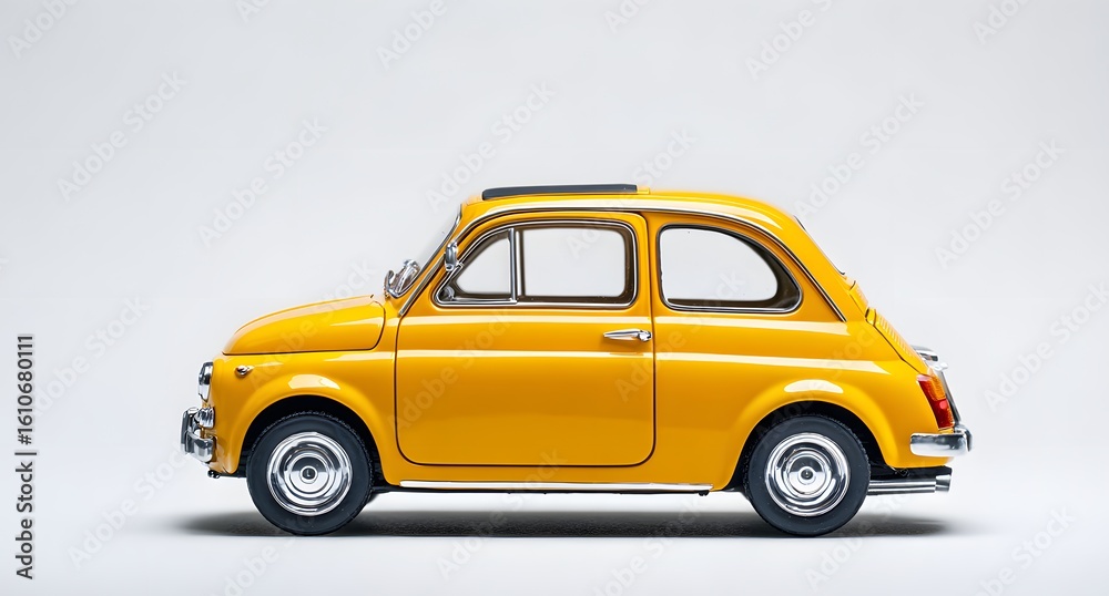 Obraz premium Vibrant yellow vintage compact car gleams against a clean white studio backdrop