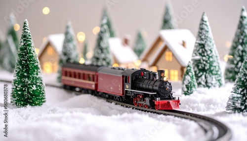 A model train travels through a snowy village scene