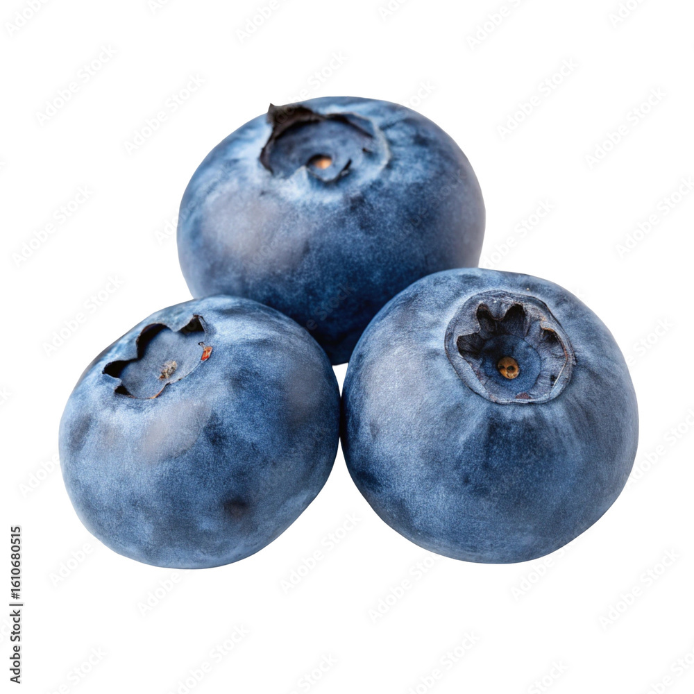 Obraz premium A perfect cluster of three fresh organic blueberries, a healthy superfood snack isolated on a white background