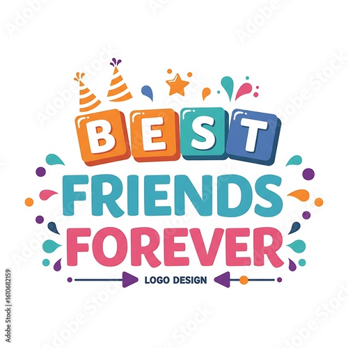 Vibrant best friends forever typography design with festive elements and playful arrows symbolizing connection