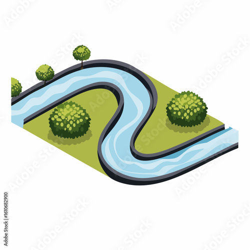 Isometric illustration of a winding blue river flowing through a vibrant green landscape with trees and bushes