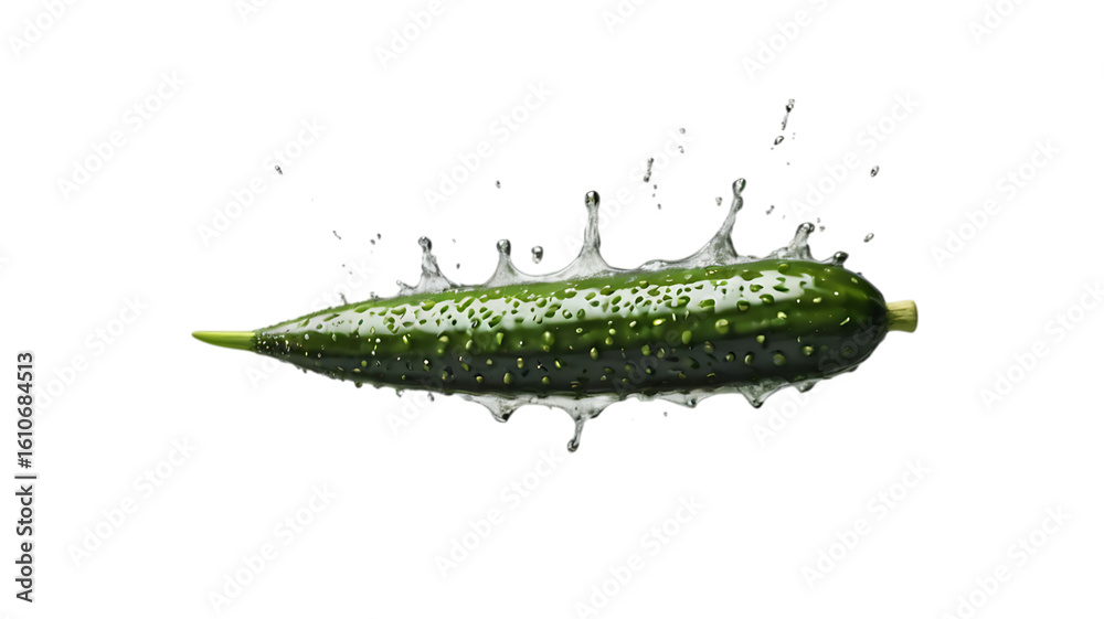 Naklejka premium A fresh cucumber with water splashing around it isolated on transparent background