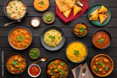 A vibrant top-down view of a traditional Indian feast featuring curries, rice, samosas, chutneys, and assorted dishes served on a rustic dark wooden table.