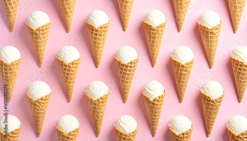 A repeating pattern of ice cream cones on a pink background