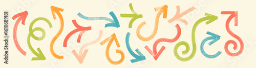 Grunge arrow doodle vector set. Bold colorful hand-drawn arrows. Curly lines, playful sketch shapes. Brush-painted direction icon swirls, smears. Rough acrylic paint sketched childlike organic strokes