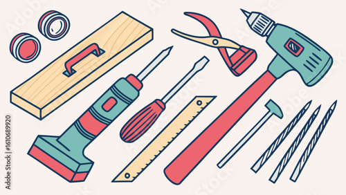 Illustration of hand tools including hammer screwdriver drill and other construction equipment for repair work
