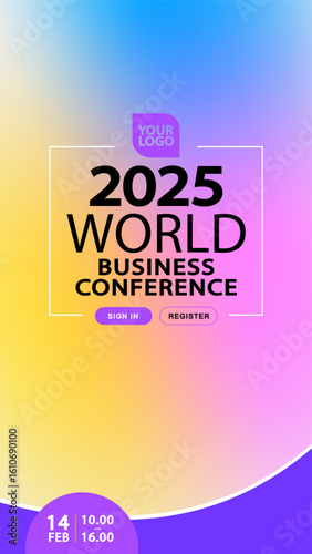 Gradient world business conference poster template with modern layout and register buttons. Perfect for marketing campaigns, global webinars, and professional presentation designs.