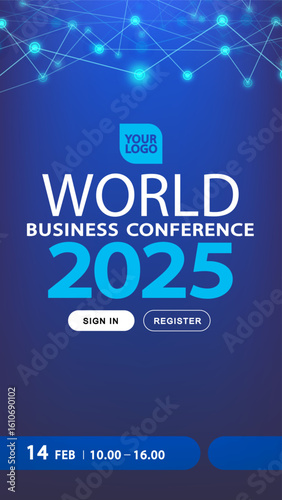 A vertical banner template for a world business conference , global tech summit. The blue background features a glowing plexus network, ideal for virtual event registration page or social media story.
