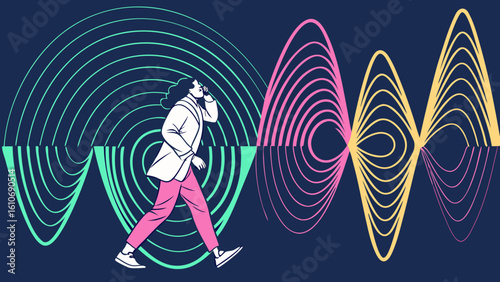 Woman walking with sound waves audio signal visualization and communication technology concept design vector