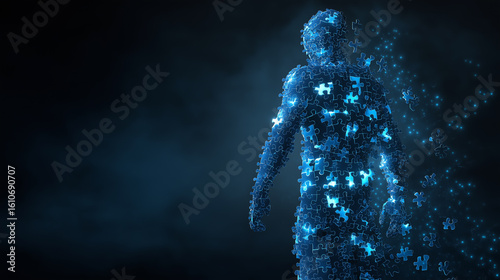 Illustrate human body made of blue jigsaw puzzle pieces symbolize complexity of the mind.