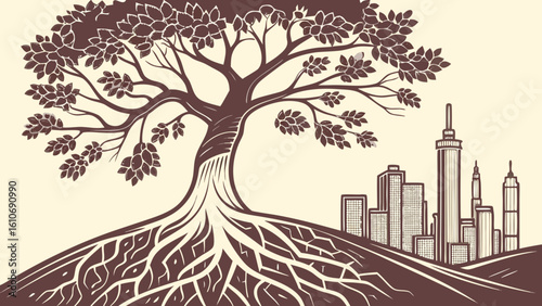 Illustration of tree of life roots and branches with city skyline urban landscape background design vector