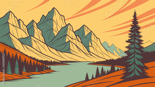 Vector mountain landscape with lake and forest illustration for travel and nature backgrounds