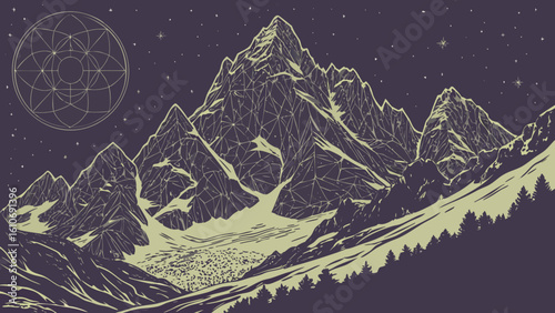 Geometric mountain landscape with starry night sky vector art for backgrounds and wallpapers design