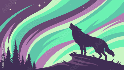 Wolf howling at aurora borealis northern lights forest night sky vector illustration design art
