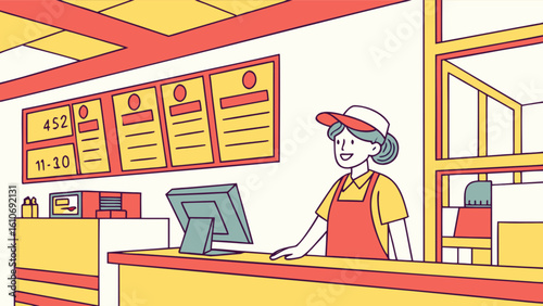 Illustration of fast food restaurant cashier taking order at counter with menu and pos system terminal