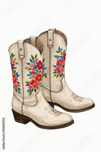 Watercolor Wander cream-colored cowboy boots isolated vector illustration svg