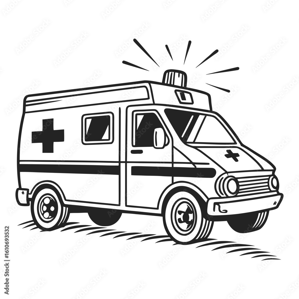 Naklejka premium a black and white drawing of a ambulance