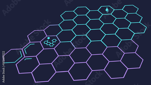 Hexagonal strategy game board design with futuristic neon grid and character placement illustration vector