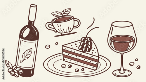 Wine coffee and cake vector illustration for dessert cafe menu design and food blog sweet treat background