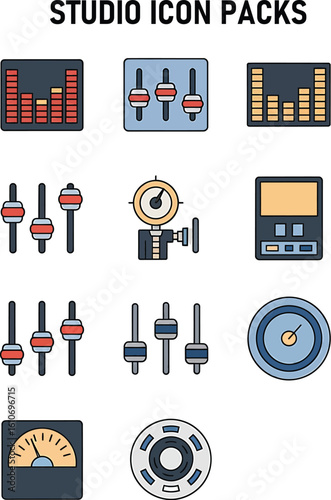 Collection of stylized audio studio equipment icons, representing sound mixing and recording tools.